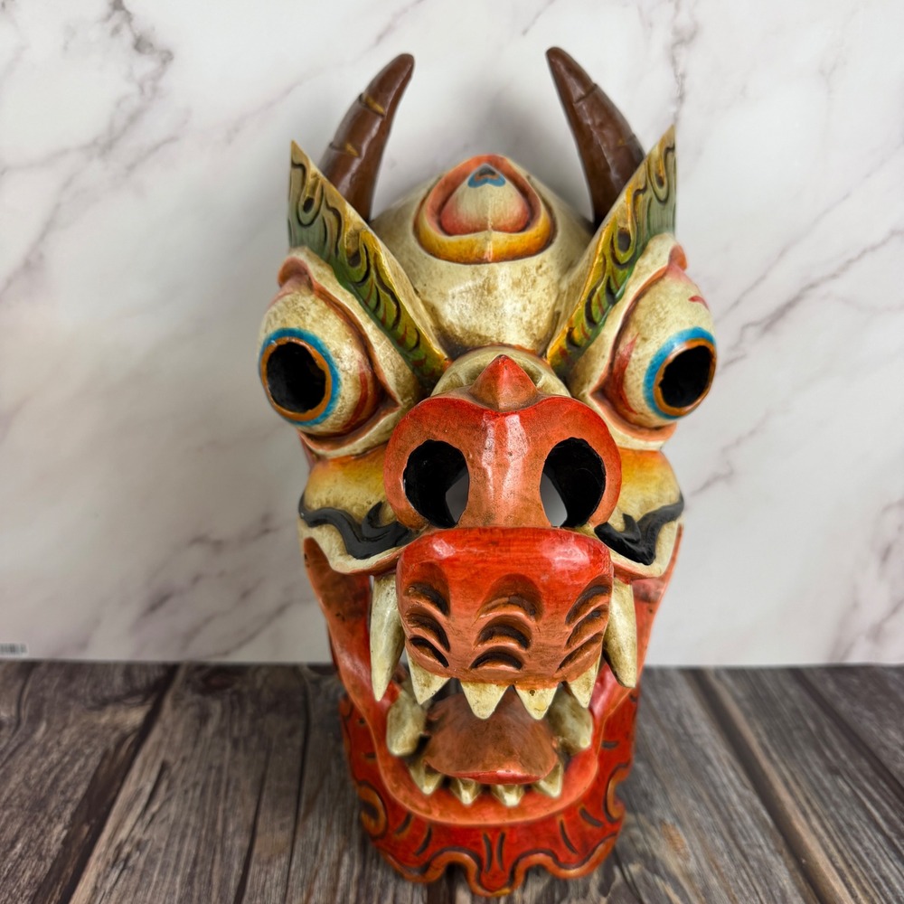 Hand-Carved Wooden Himalayan Dragon Mask, Vintage Tibetan Folk Art Wall Decor
